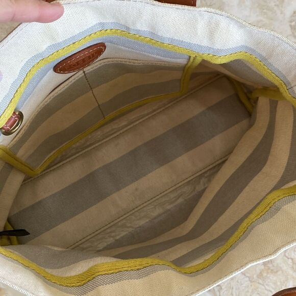 Fossil Austin Cream Blue Stripe Coated Canvas Leather Nautical Tote Shoulder Bag - Picture 12 of 15